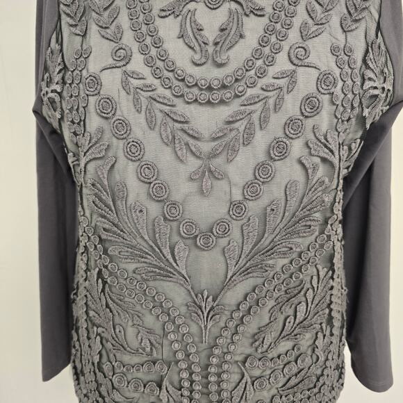 Women's Ruby Rd Gray Mixed Media Long Sleeve Crochet Front Blouse | Size Large - Picture 9 of 11